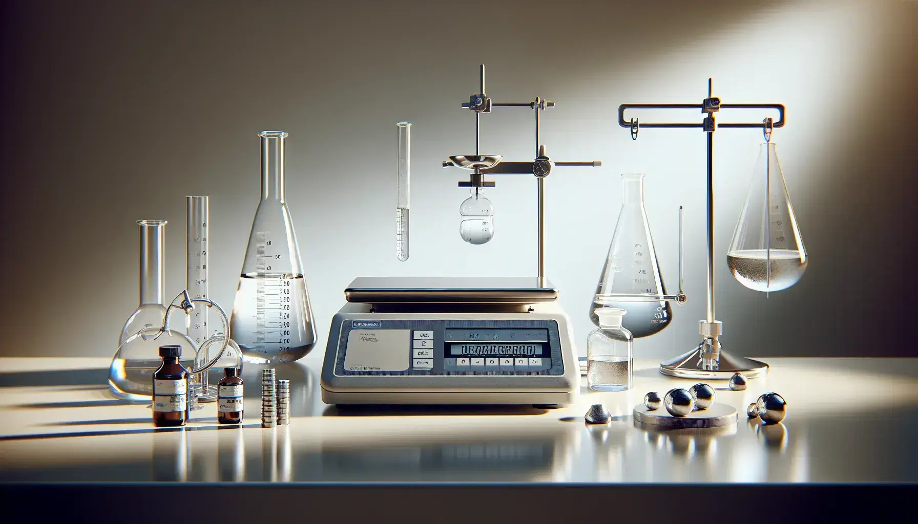 Laboratorio con balanza analítica de precisión, pesos calibrados, cilindro graduado con líquido incoloro y matraz Erlenmeyer con líquido azul claro.