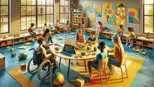 Aula colorata con studenti di varie età attorno a un tavolo rotondo, alcuni con materiali didattici tattili, ragazzo in sedia a rotelle e insegnante con tablet.