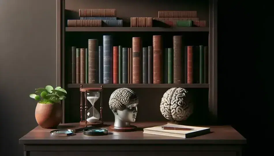 Estante de madera con libros de tapa dura, modelo de cerebro plateado, lupa sobre papel, reloj de arena y planta en maceta de terracota bajo luz natural.