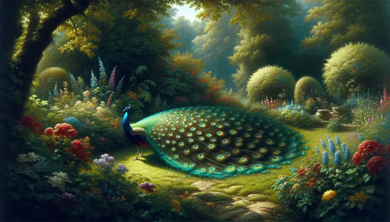 Peacock with tail feathers spread in a vibrant display of iridescent blues and greens, standing in a sun-dappled, flower-speckled garden.