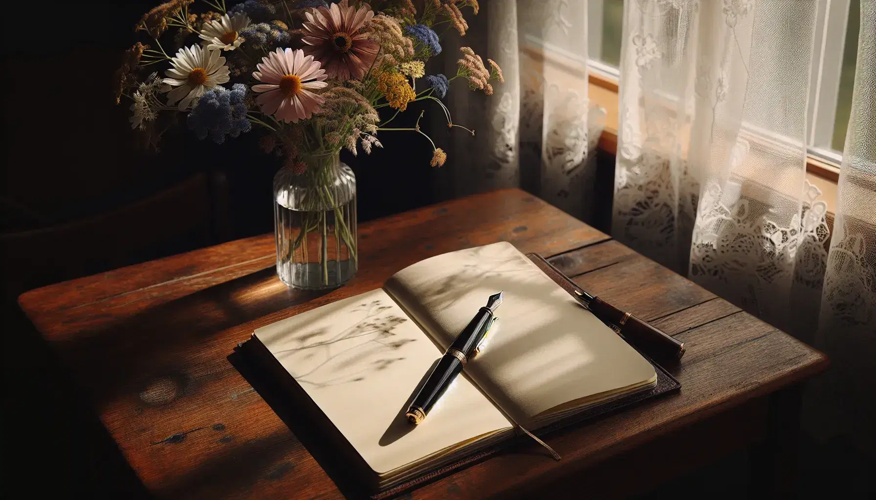 Scrivania in legno scuro con penna stilografica vintage, quaderno aperto e bouquet di fiori selvatici in vaso trasparente, sfondo con finestra.