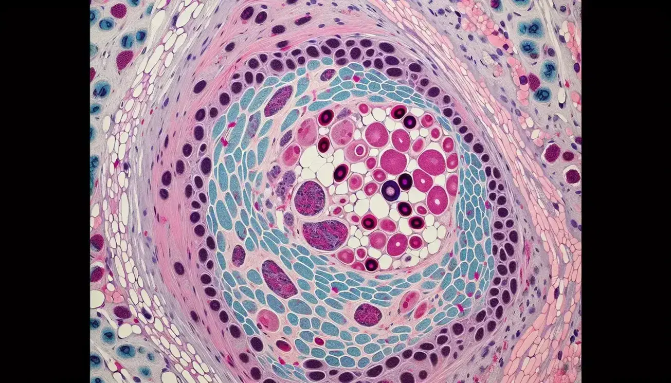Sezione microscopica di tessuto connettivo con vaso sanguigno centrale, globuli rossi interni e matrice extracellulare con fibroblasti e fibre di collagene.