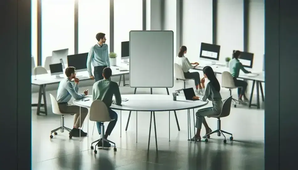 Three professionals collaborate around an oval table in a well-lit, modern office, discussing ideas with a blank whiteboard in the background.