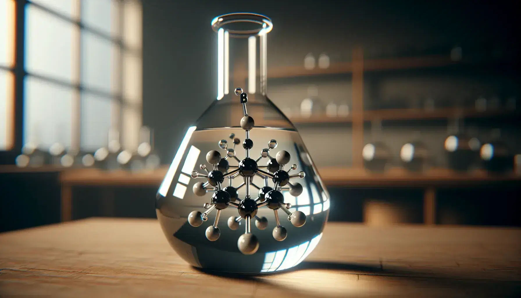 Three-dimensional molecular model of a cycloalkene suspended in colorless liquid inside a glass flask on a laboratory bench.