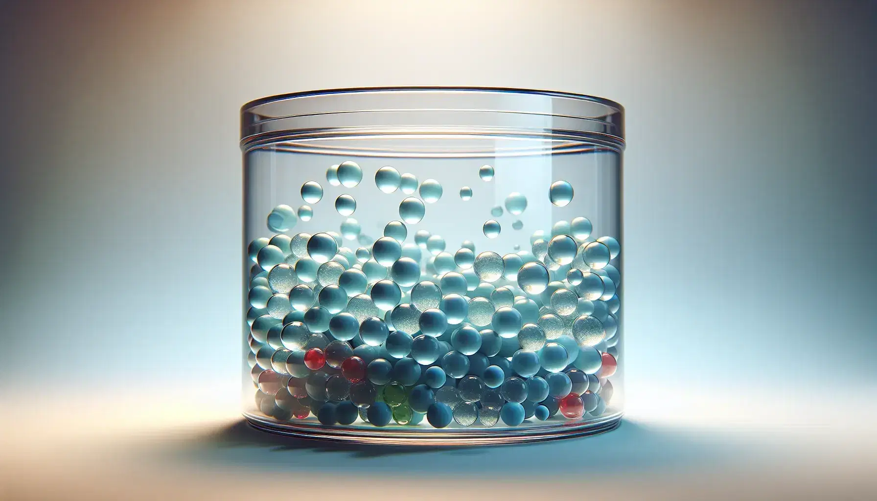 Cylindrical glass container with moving translucent colored spheres, soft reflections on white-gray gradient background and reflective surface.