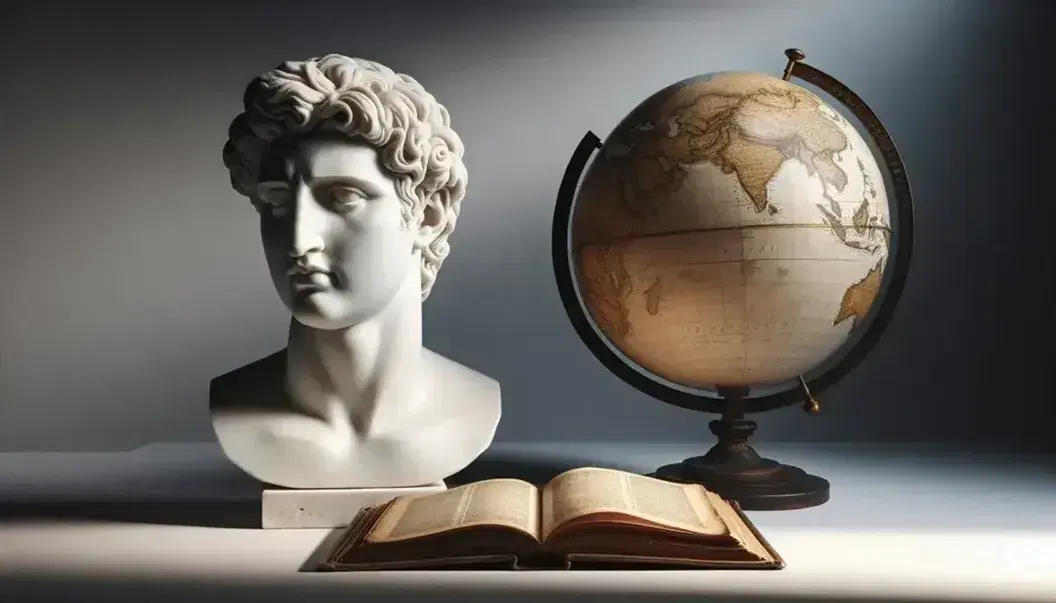 Busto in marmo bianco di figura pensierosa con capelli ondulati e libro aperto su sfondo grigio, accanto a un mappamondo antico sfocato.