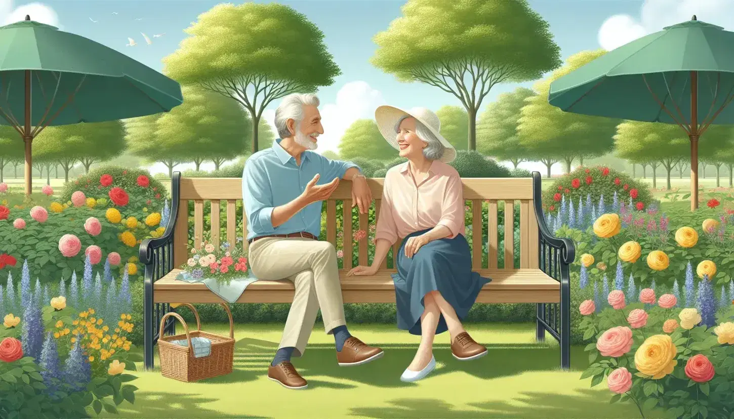 Pareja de adultos mayores disfrutando de un día soleado en un banco de madera en el parque, rodeados de árboles verdes y flores coloridas, con una manta de picnic y cesta.
