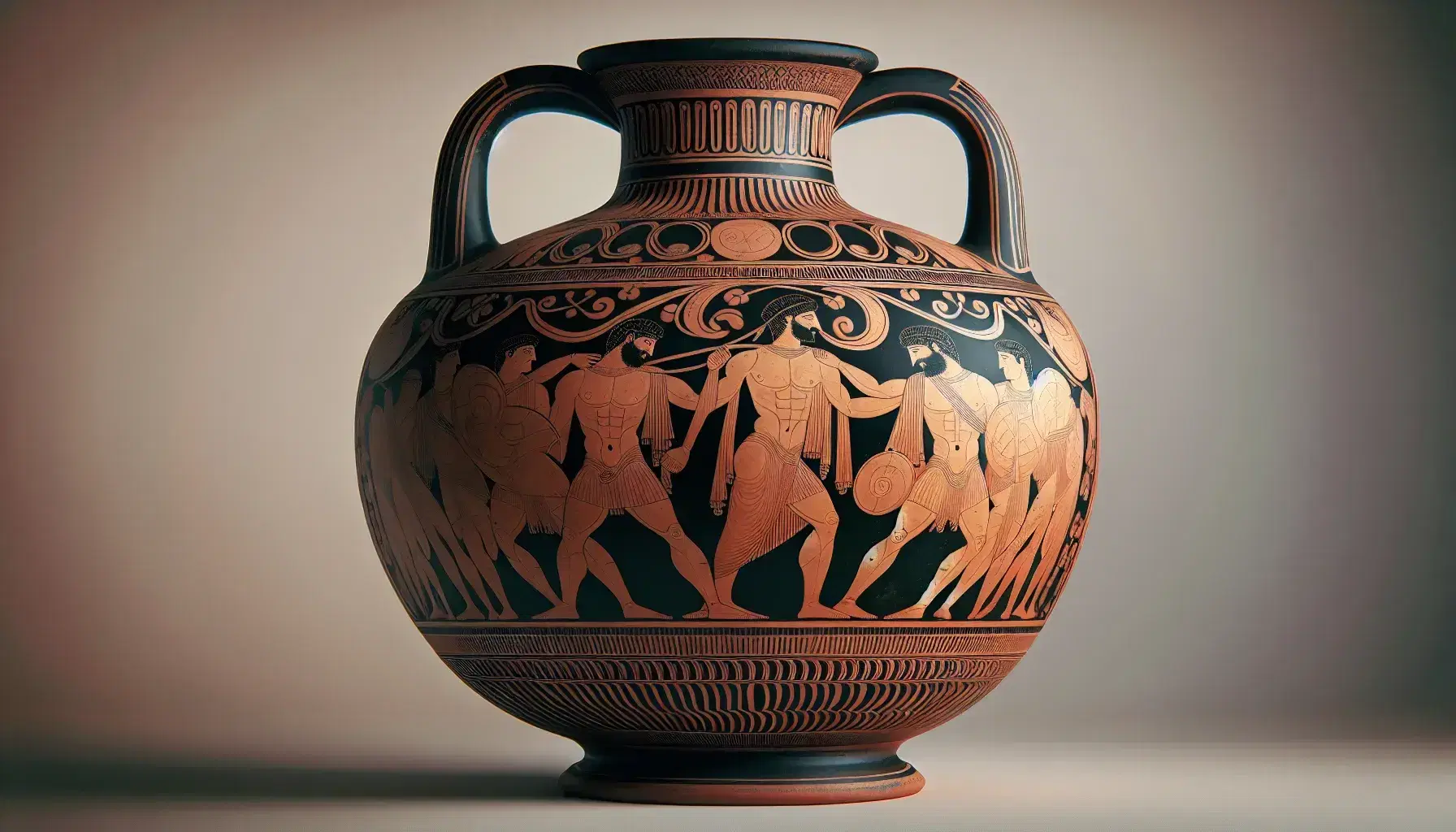 Ánfora griega antigua con escena de dos figuras masculinas en movimiento, pintura negra sobre fondo terracota, sin texto visible, iluminación uniforme destacando detalles.
