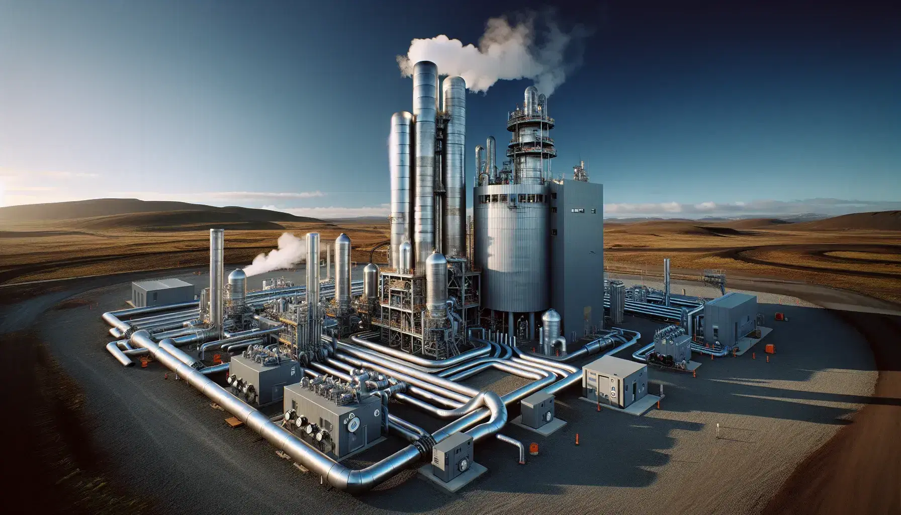 Geothermal power plant with cylindrical tower from which steam comes out, connected pipes and gray building, against a background of semi-arid hills and blue sky.