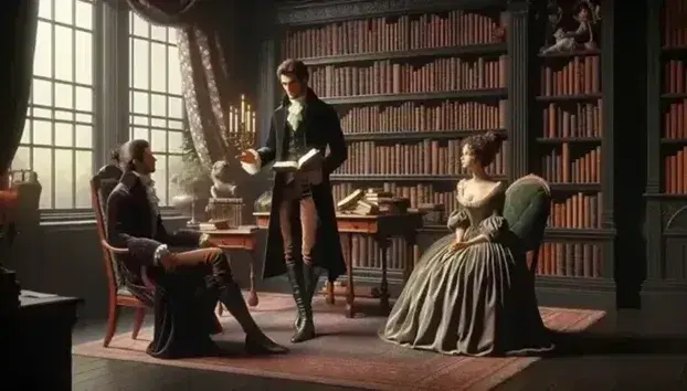 Escena del siglo XIX con tres personas en vestimenta de época romántica, un hombre de pie leyendo un libro y dos oyentes atentos en una habitación clásica con estantería de libros y alfombra persa.