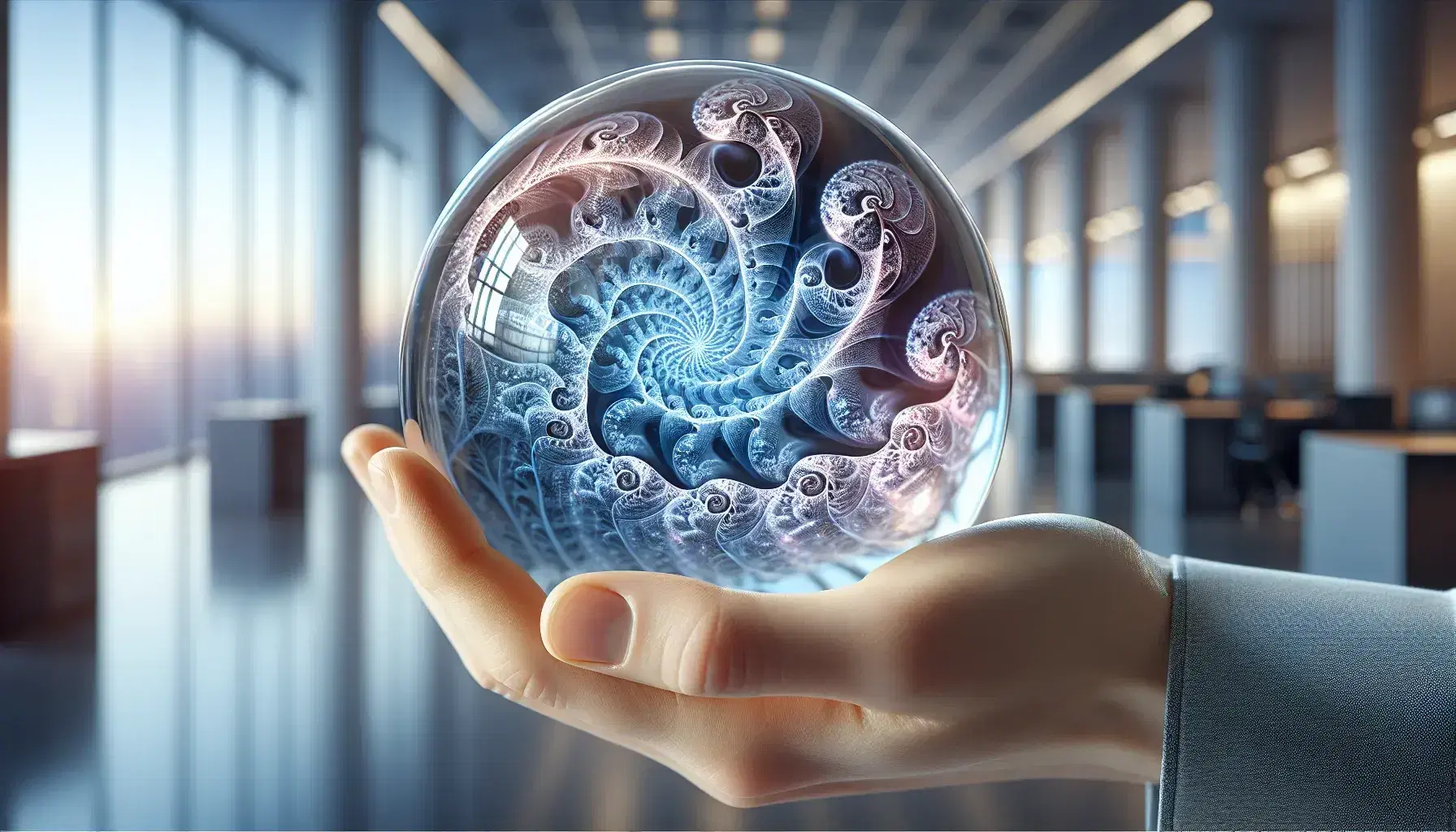 Hand holding a glass sphere with a reflected fractal pattern of spirals in blues and purples, against a blurred modern office backdrop.