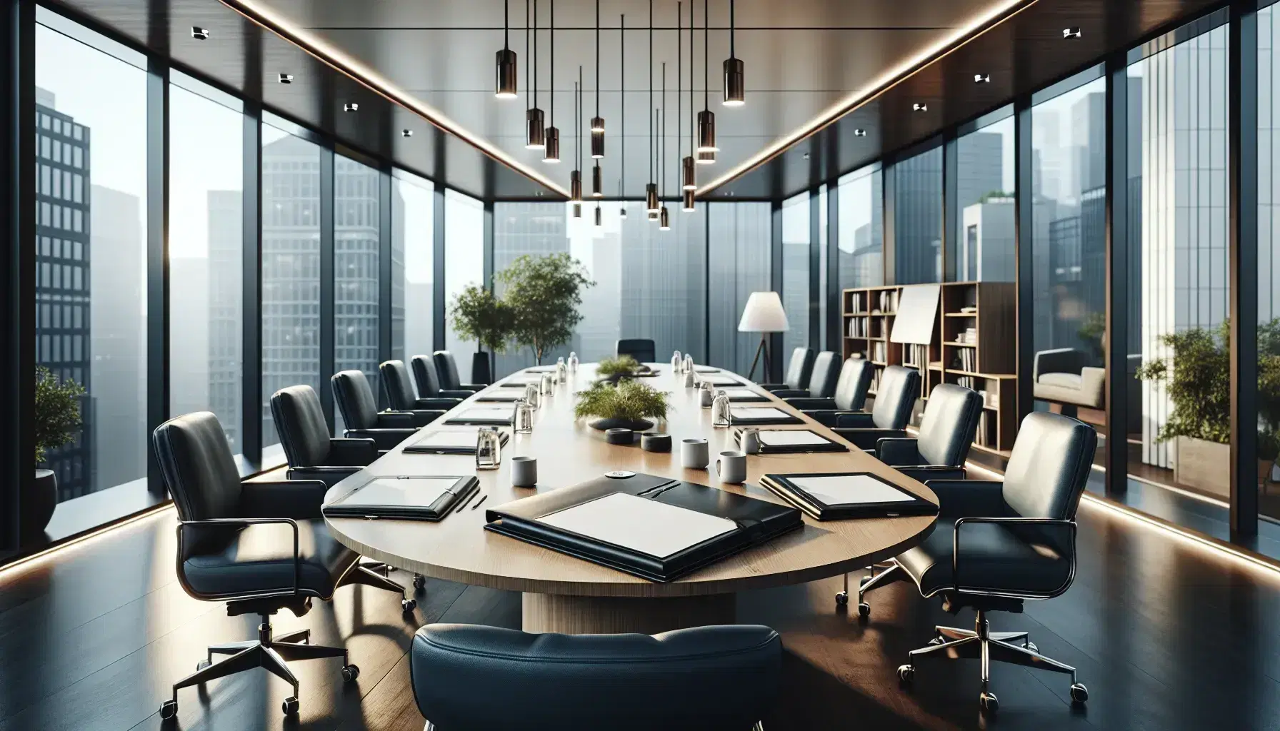 Sala de reuniones amplia con mesa ovalada de madera, sillas ergonómicas azul oscuro, portafolios de cuero y ventanas con vista urbana.