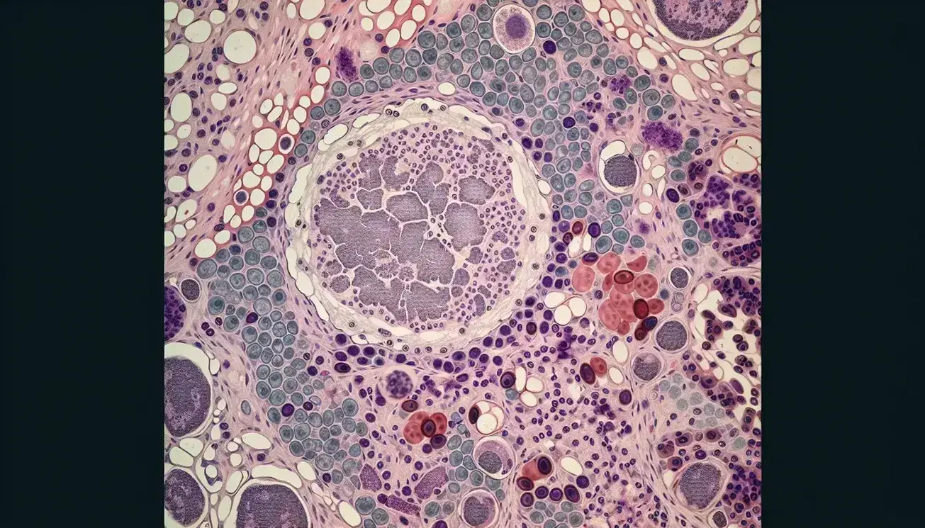 Vista microscópica de tejido linfoide con células de diversos tamaños y formas en tonos rosas y morados, destacando un folículo linfático central.