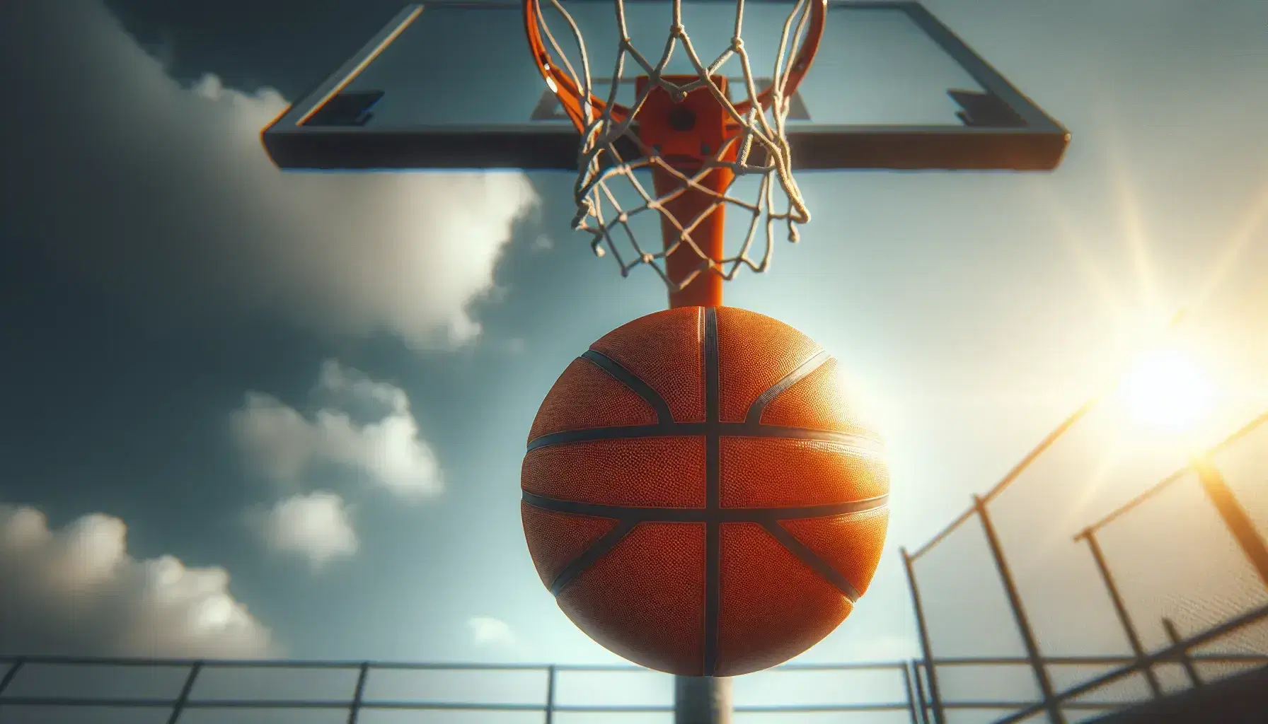 Palla da basket in volo al punto più alto della traiettoria su sfondo di cielo azzurro con canestro in lontananza durante una giornata soleggiata.