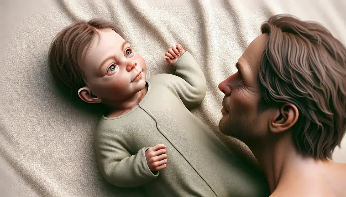 Newborn baby in light green onesie on white blanket looks up at smiling adult with brown eyes and tied brown hair.