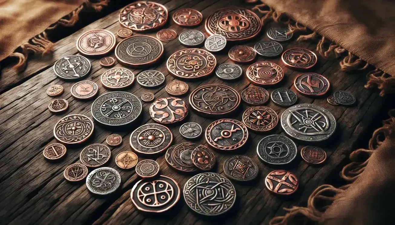 Viking coins with intricate embossed designs on a wooden surface, showcasing various metals and geometric Viking artistry, alongside faint historical artifacts.