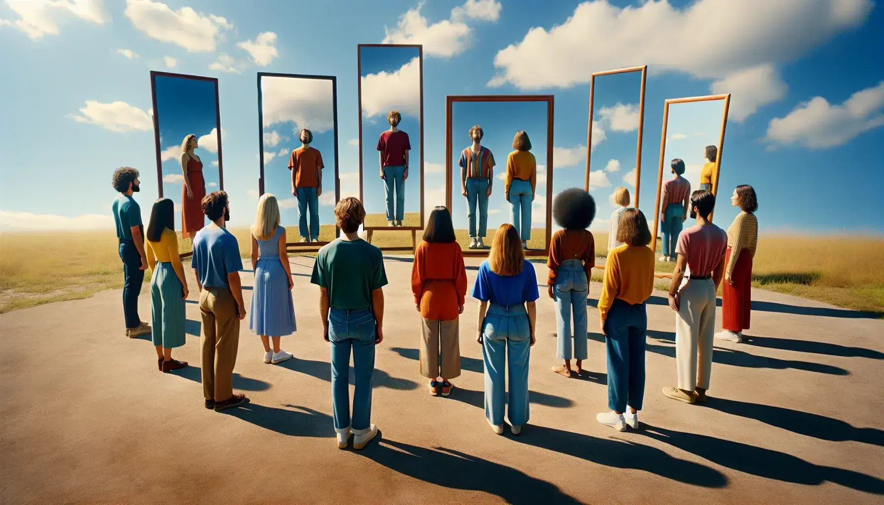 Grupo diverso de personas sosteniendo espejos y observando sus reflejos en un día soleado con cielo azul y nubes dispersas.