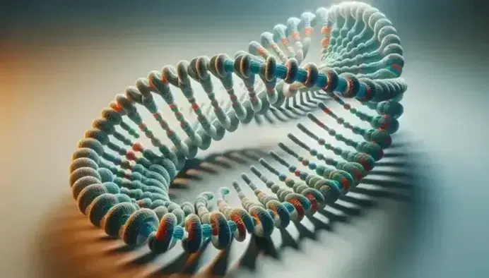 Estructura detallada de una doble hélice de ADN con pares de bases complementarias en colores contrastantes y cadenas laterales grises en fondo neutro.