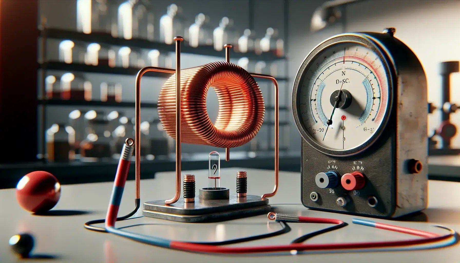 Experimento de laboratorio de física con bobina de cobre, imán de barra y galvanómetro conectado, mostrando inducción electromagnética.