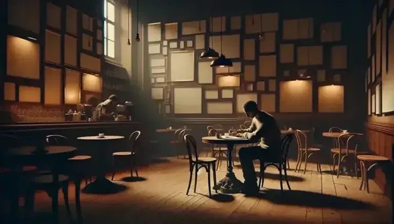 Cozy café interior with a contemplative person at a table, pen in hand, blank notebook, amidst empty chairs and picture frames, barista in background.