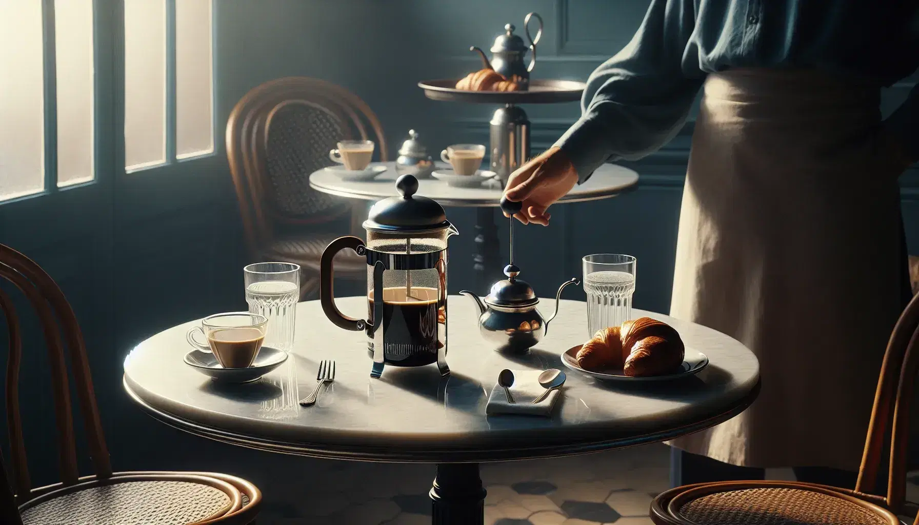 French café scene with a marble-topped table, a French press, two glass cups, a ceramic creamer, and a patron reaching for coffee.