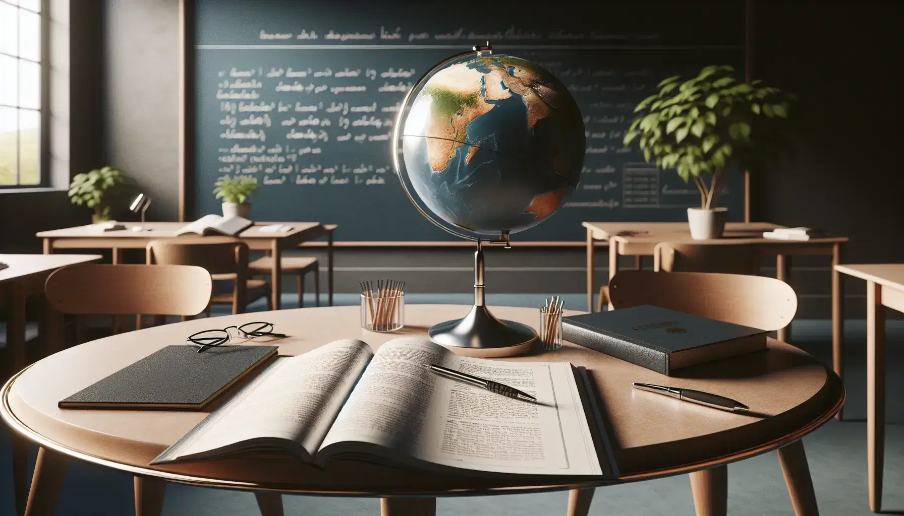 French language study setup with textbook, notebook, pen, glasses on a table, clean chalkboard, globe, and potted plant in a classroom.