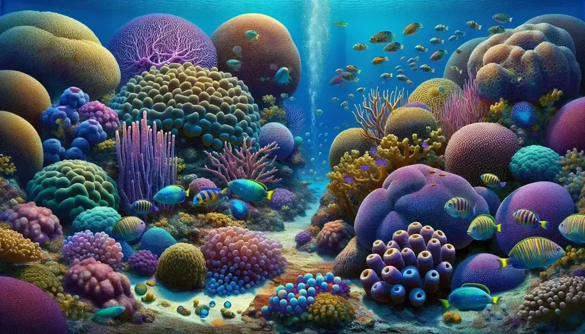 Vivid underwater scene of a coral reef with colorful fish, colorful corals and coral larvae, illuminated by sun rays.
