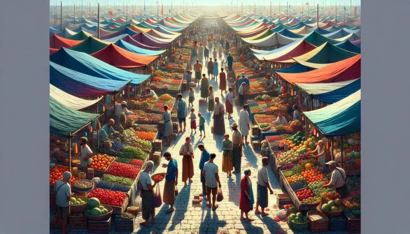 Mercado al aire libre con puestos de frutas y verduras frescas, gente comprando y vendedores en un día soleado.