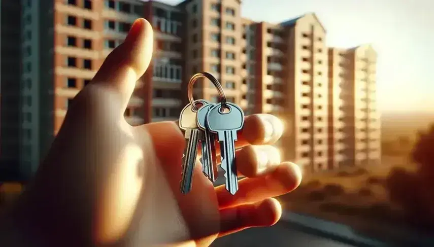 Mano sosteniendo llaves metálicas brillantes con fondo desenfocado de edificio residencial en tonos beige y marrón claro, iluminado por luz natural.