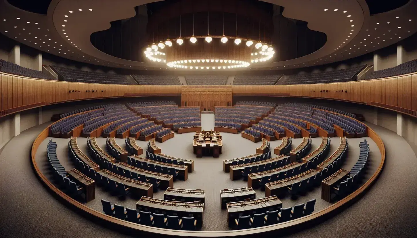 Sala vuota del parlamento con sedili blu scuro e legno chiaro disposti a semicerchio, podio centrale in legno e moquette rossa.