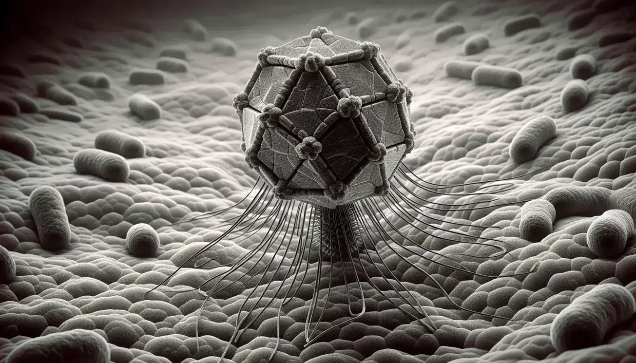 Close-up view of a lambda bacteriophage with an icosahedral head and beaded tail fibers attached to a textured bacterial cell surface.