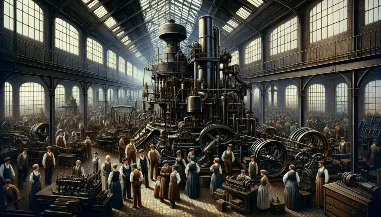 Scena di fabbrica durante la seconda rivoluzione industriale con operai attorno a un motore a vapore e macchinari industriali.