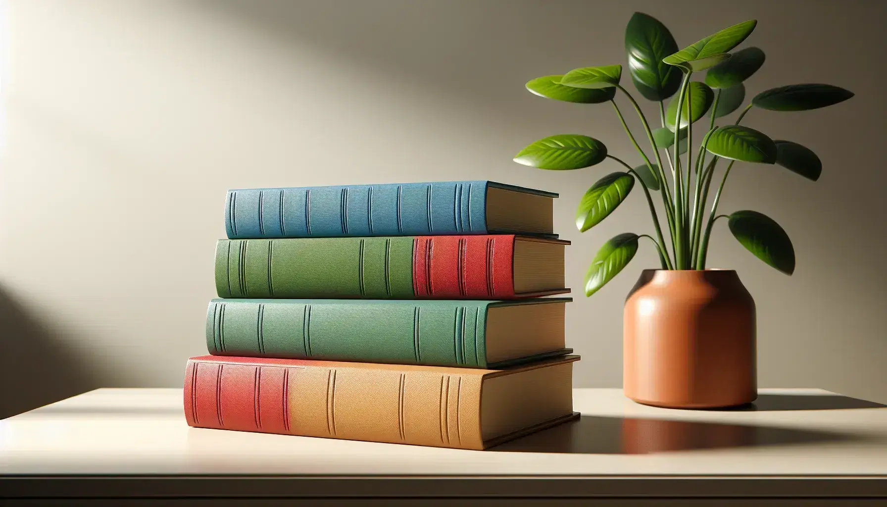 Pila de cuatro libros de tapa dura en colores azul, verde, rojo y amarillo con planta de hojas verdes en maceta terracota al fondo.
