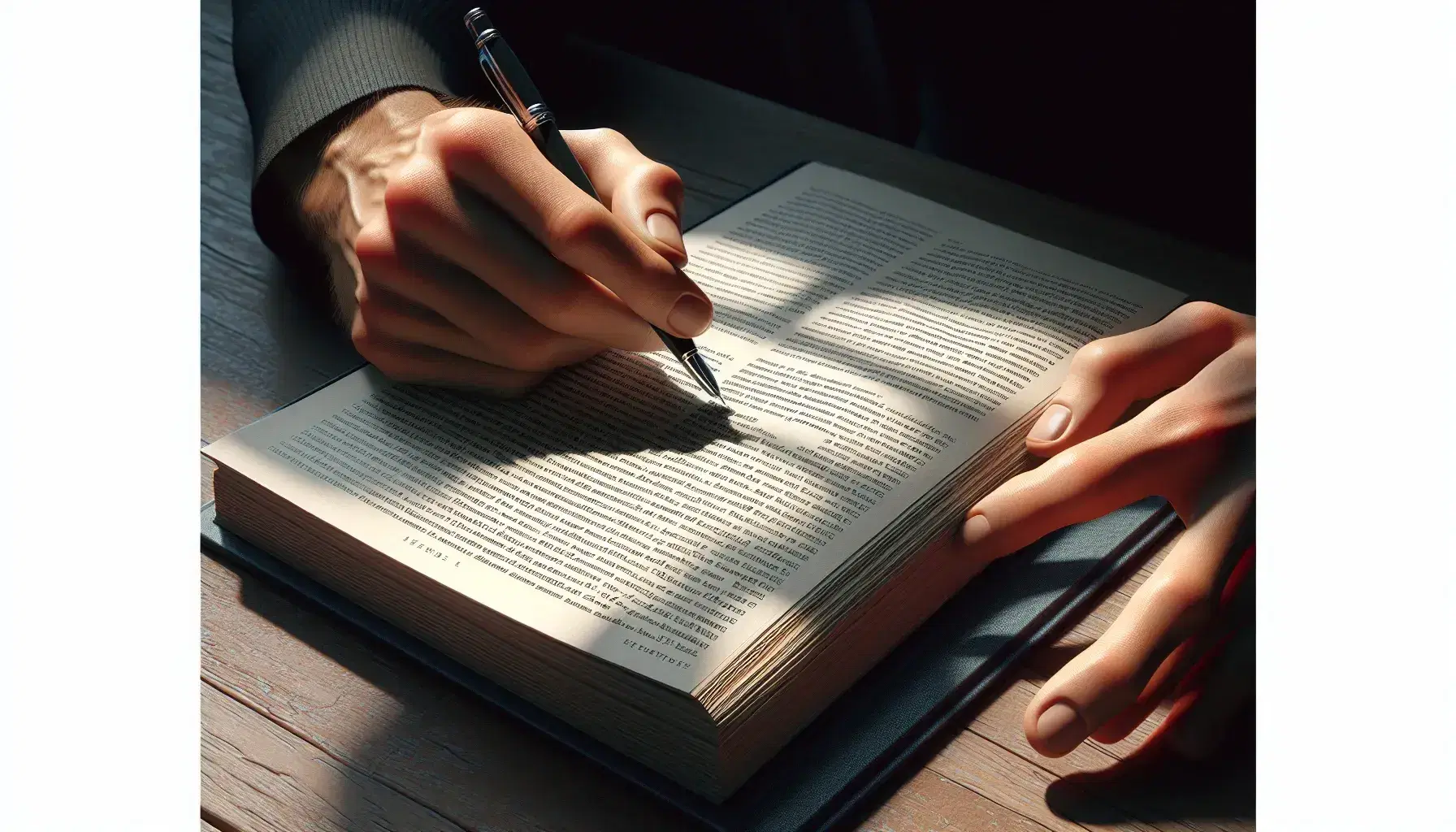 Close-up of hands on an open book with unidentifiable text, one holding a pen for annotation and the other tracing a line, on a wooden desk.