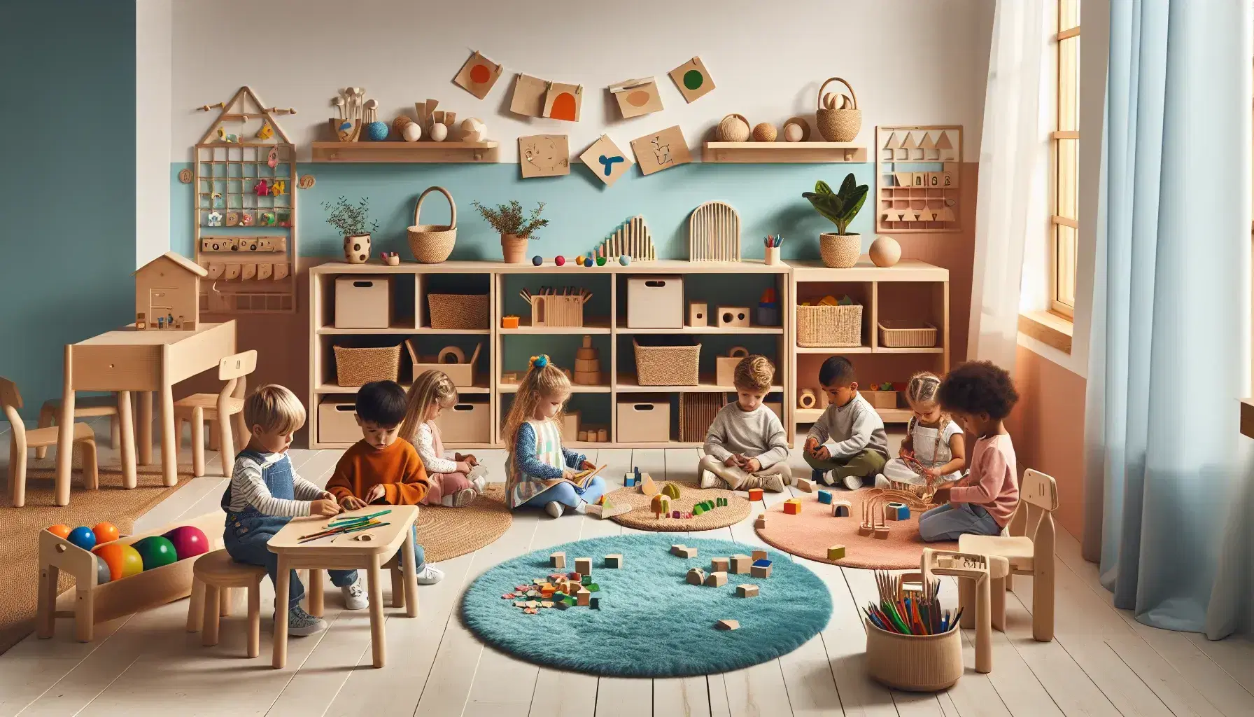 Aula Montessori colorata con bambini assorti in giochi educativi, scaffali con materiali didattici, tavolino con seggiolina e pianta verde.