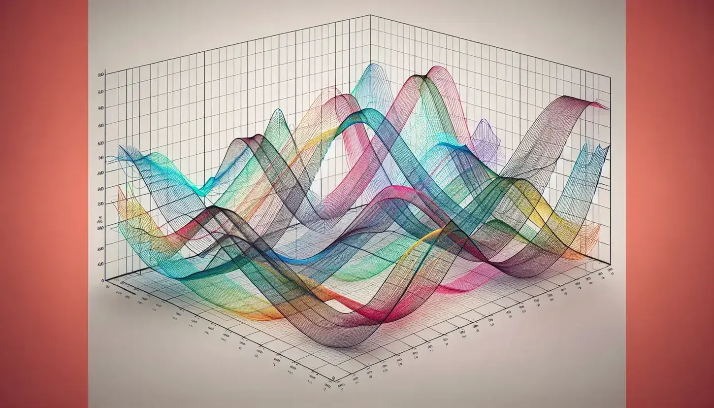 Transparent graph sheets with overlapping colored line graphs converging to a single path, displayed in red, blue, green, yellow, and purple.
