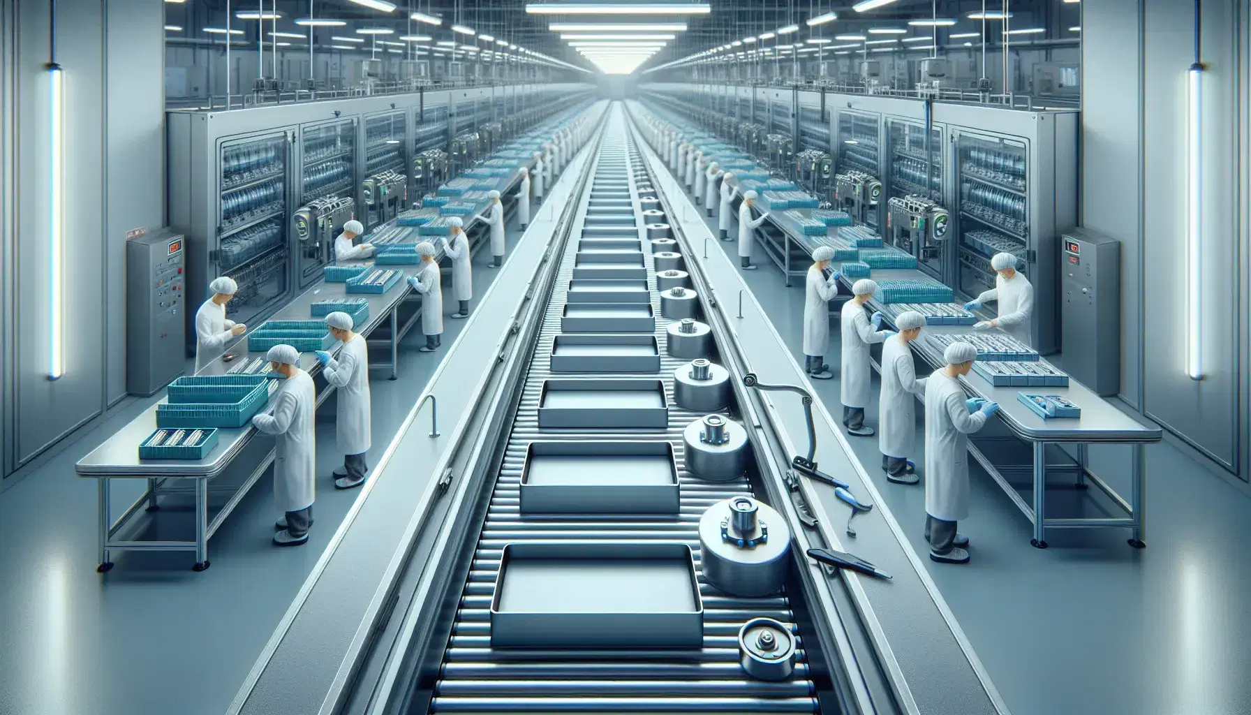 Línea de ensamblaje moderna en fábrica con trabajadores en batas blancas ajustando productos en serie sobre cinta transportadora.