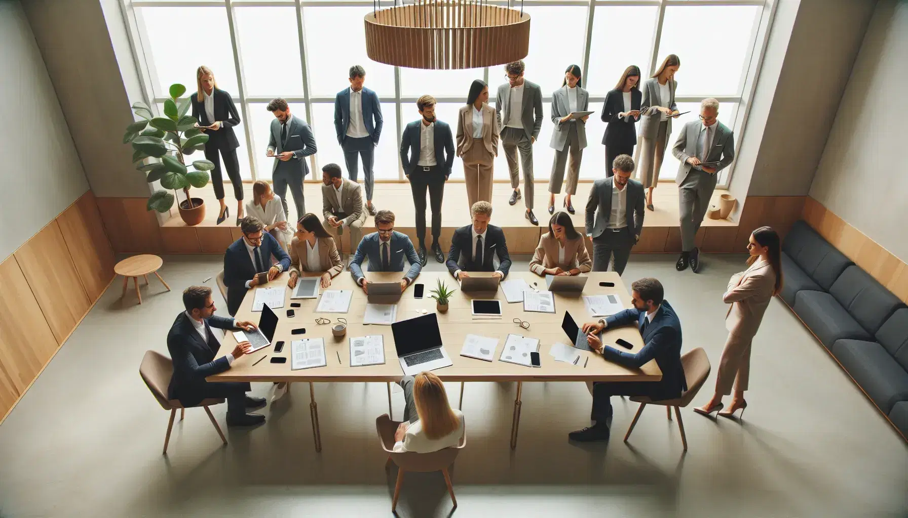 Grupo diverso de profesionales en reunión de trabajo con laptops y documentos en una sala iluminada naturalmente.