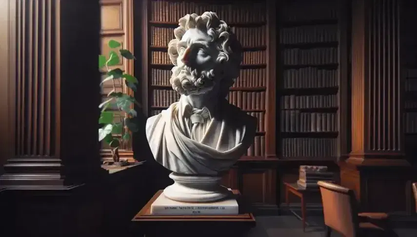 Statua in marmo bianco di filosofo pensieroso con abito formale, in biblioteca antica con libri e pianta verde.