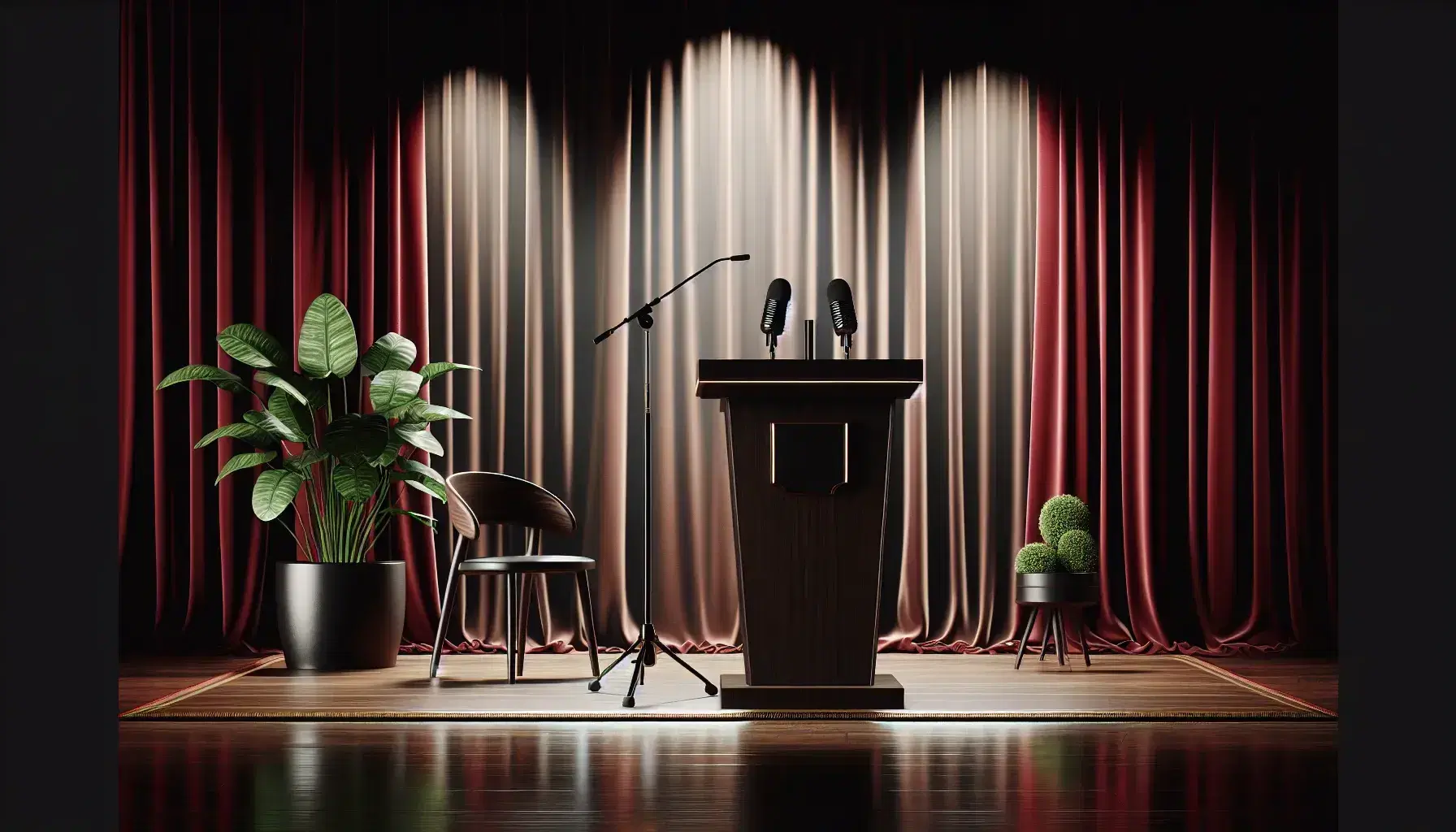 Podio de madera oscura con micrófono negro en un escenario con cortinas de terciopelo rojo, planta interior y silla de madera a los lados, bajo iluminación focalizada.