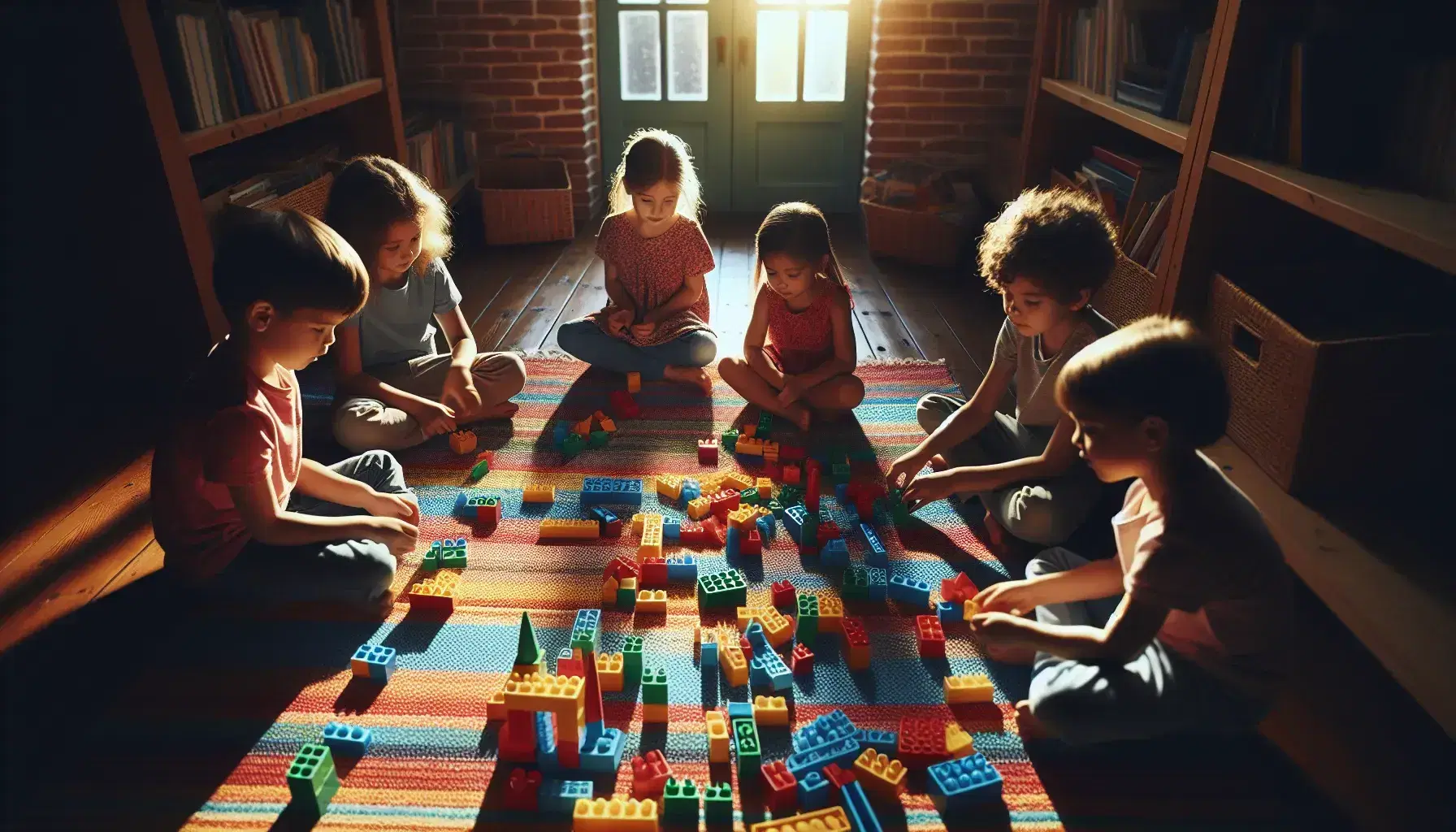 Niños de diversas etnias jugando con bloques de construcción de colores en una alfombra, con luz natural y estantería al fondo.