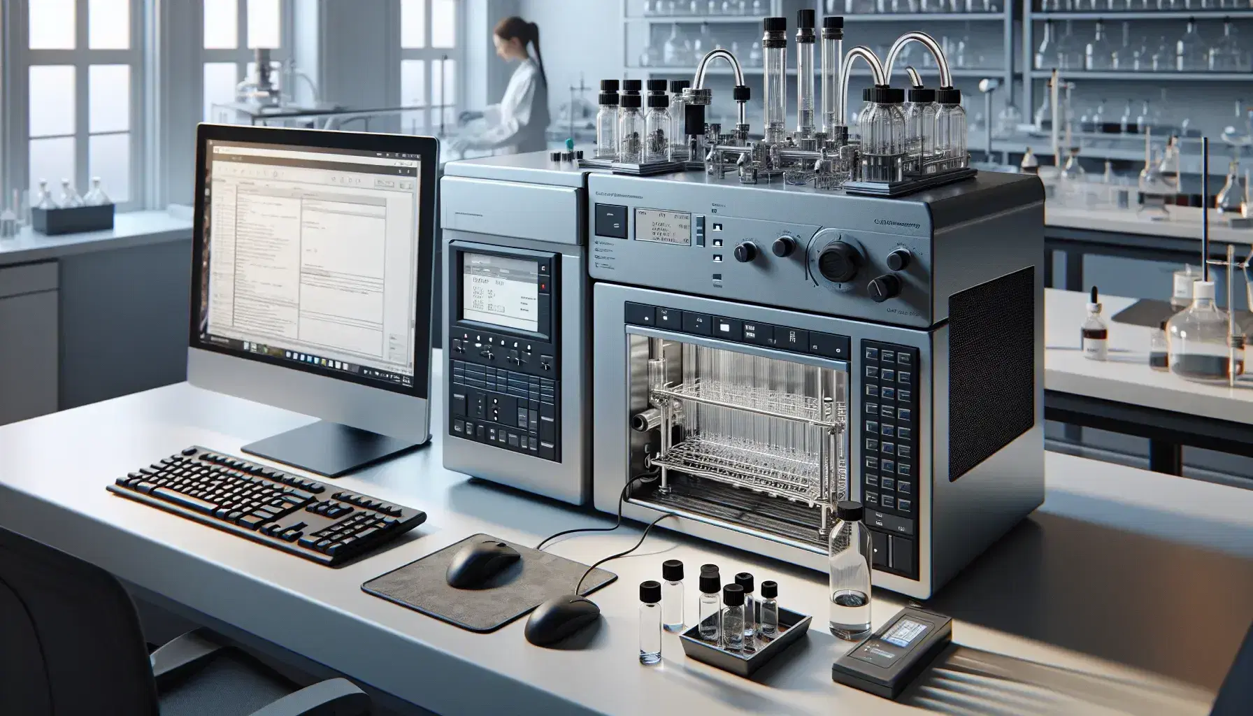 Modern gas chromatography system in laboratory with technician preparing samples and computer for data analysis.