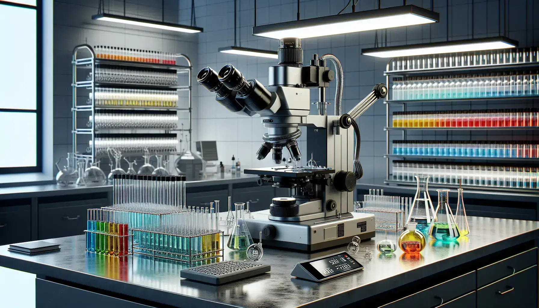 Laboratorio scientifico moderno con microscopio elettronico, provette colorate, becher su tavolo e bilancia digitale.
