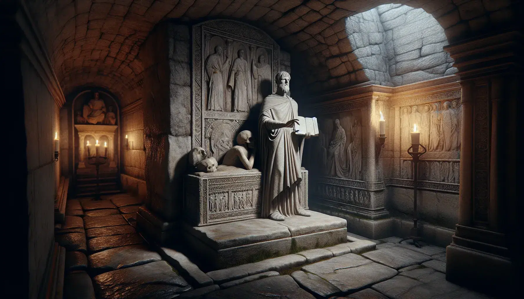 Statua marmorea di uomo medievale con tunica e mantello in cripta antica, su piedistallo, con libro aperto e mano alzata, illuminata da luce soffusa.
