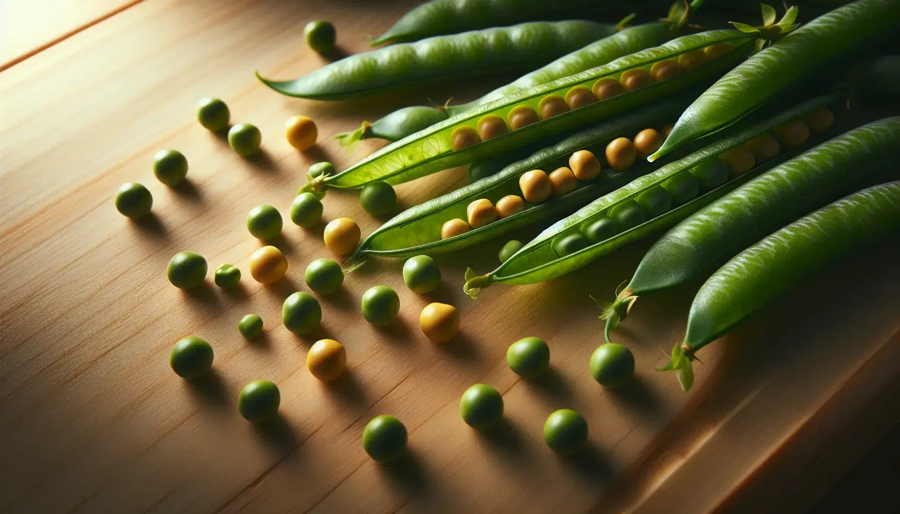 Guisantes verdes y amarillos en distintos estados, algunos en vainas abiertas y otros sueltos, sobre superficie de madera clara con textura suave.
