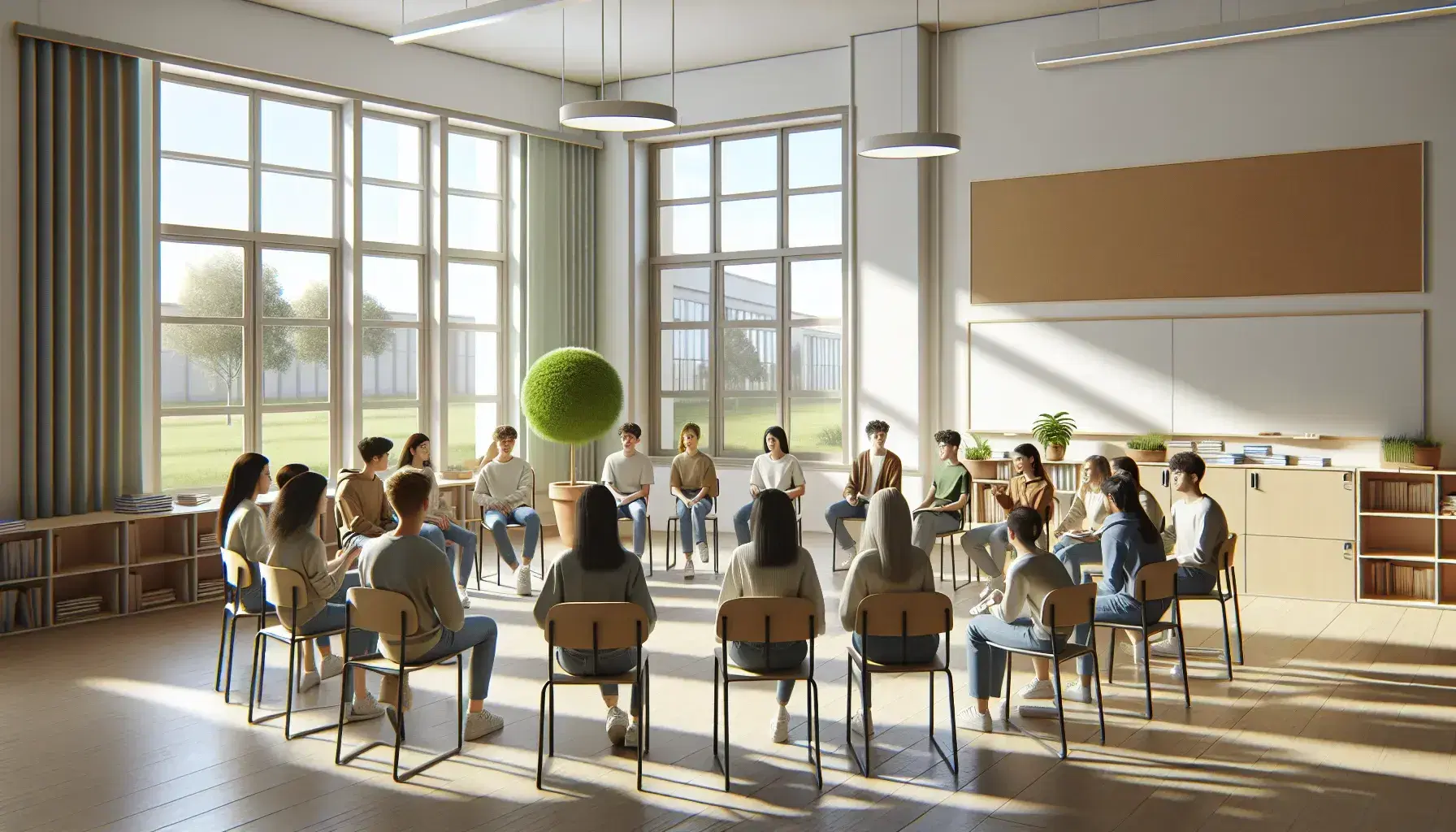 Aula luminosa con paredes claras y estudiantes de diversas edades sentados en círculo en sillas, participando en una discusión activa, con una planta en la esquina y ventanas grandes.