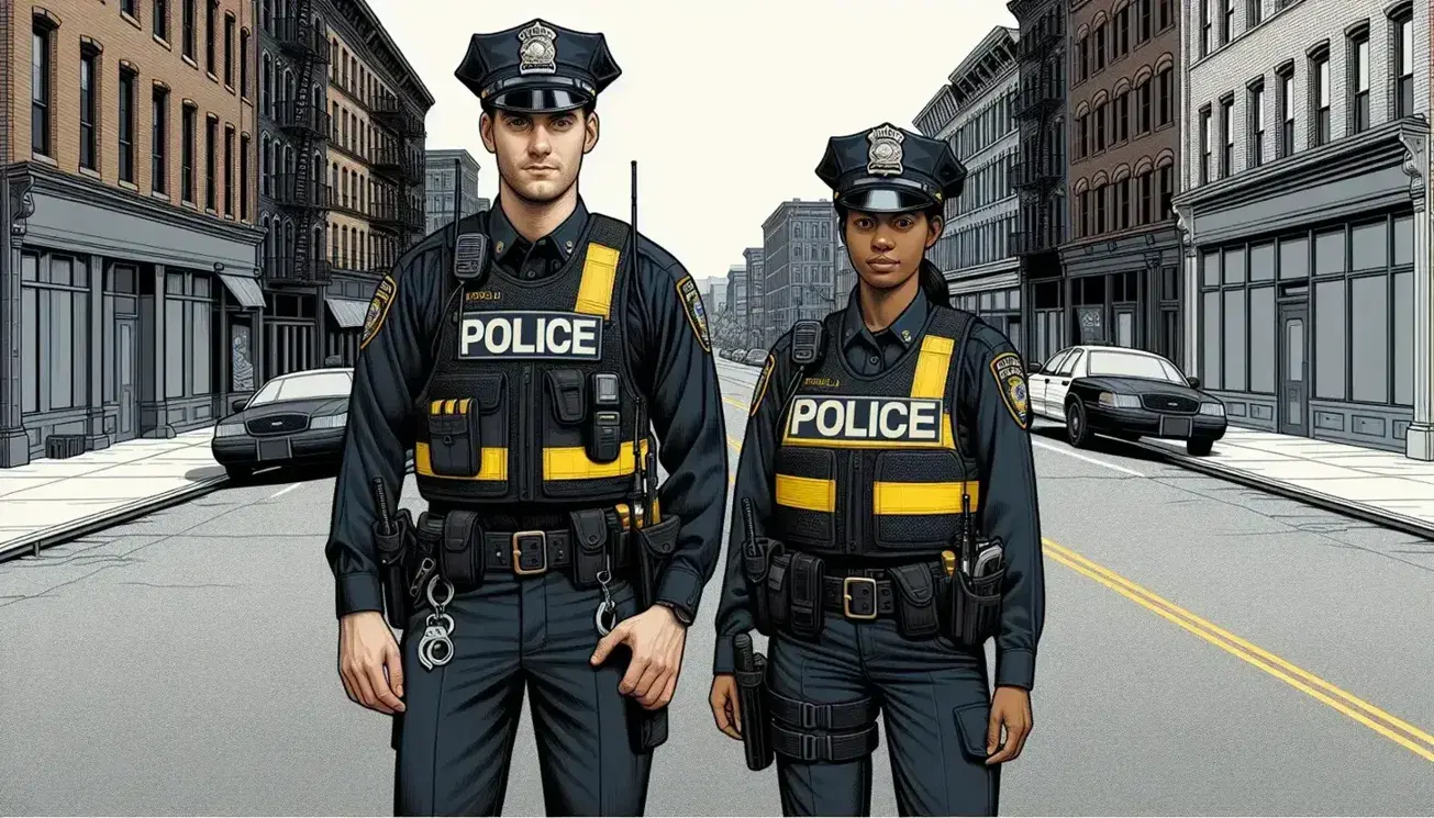 Two police officers on daytime urban patrol, one Caucasian male and one Black female, in dark blue uniforms with high-visibility vests, equipped with duty belts.