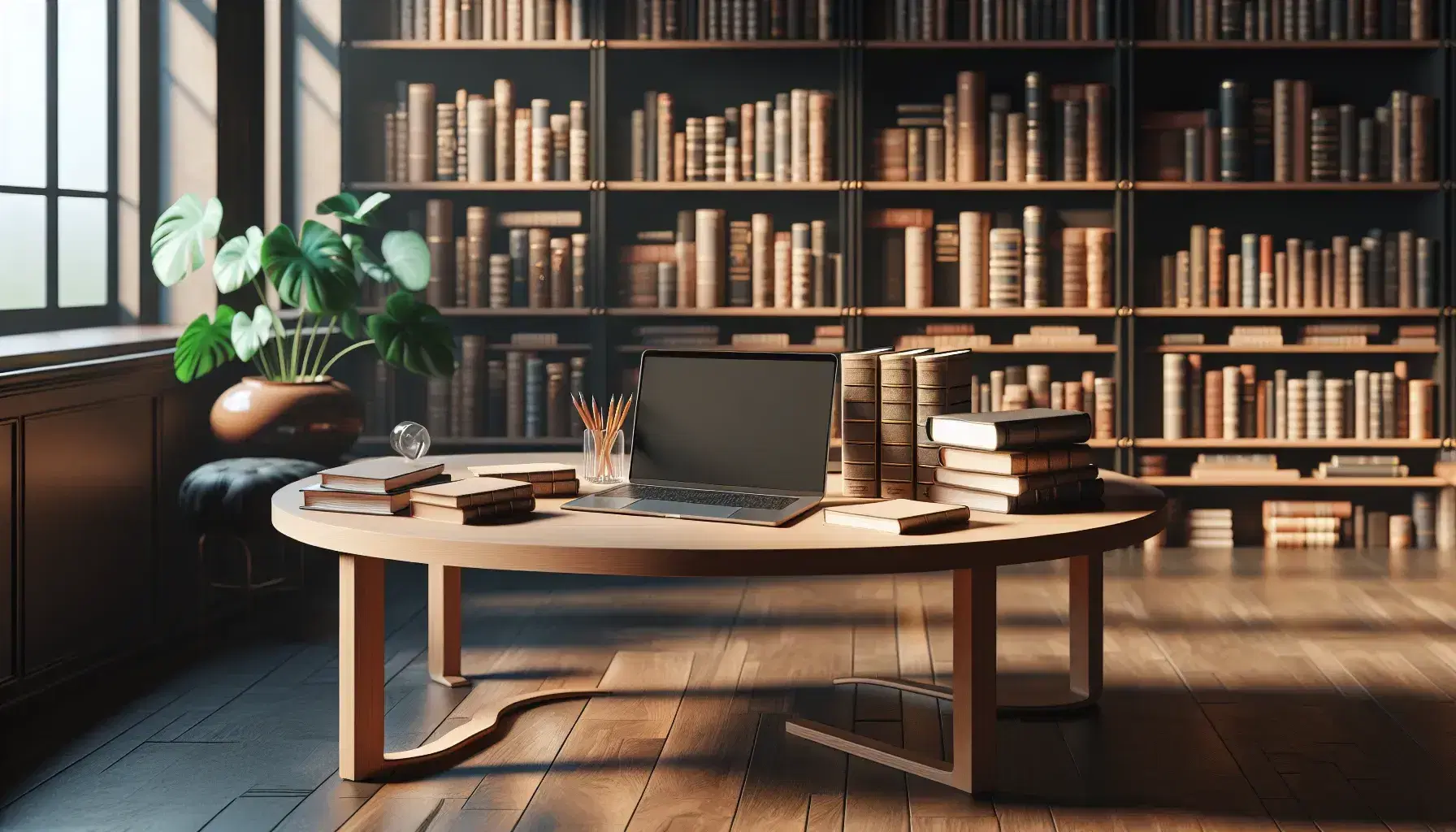 Biblioteca acogedora con estantes de madera oscura llenos de libros, mesa con laptop abierta, papeles y libros sin títulos visibles, lápiz, regla y planta verde.