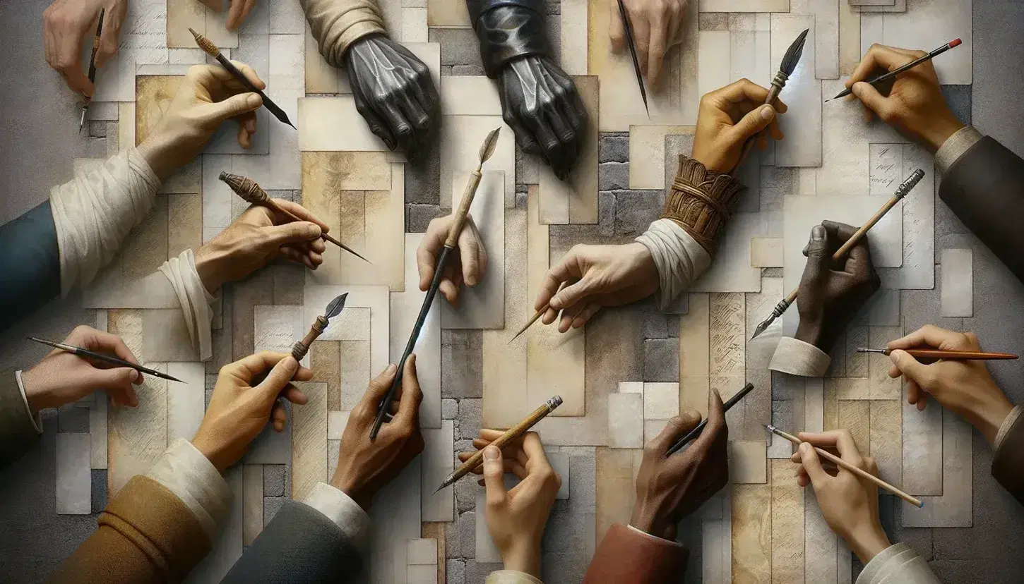 Mani di diverse etnie tengono strumenti storici di scrittura: penna d'oca, calamo, pennello da calligrafia e matita su sfondo sfocato.