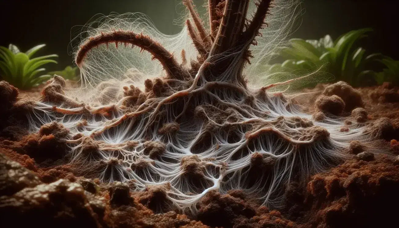 Close-up of plant roots and white fungal mycelium network in dark soil, highlighting symbiotic relationship in a forest ecosystem.